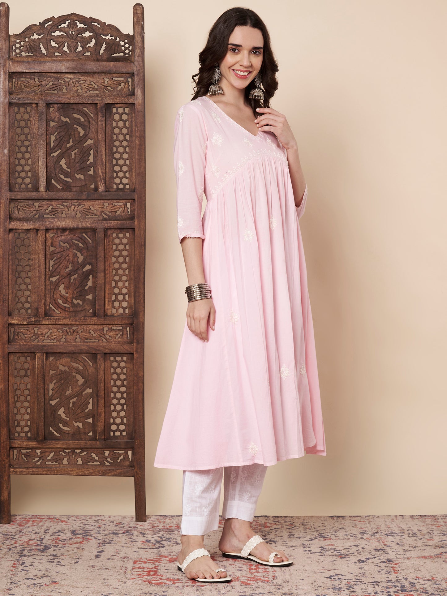 Baby Pink Chikankari Flared Kurta