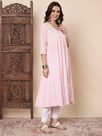 Baby Pink Chikankari Flared Kurta
