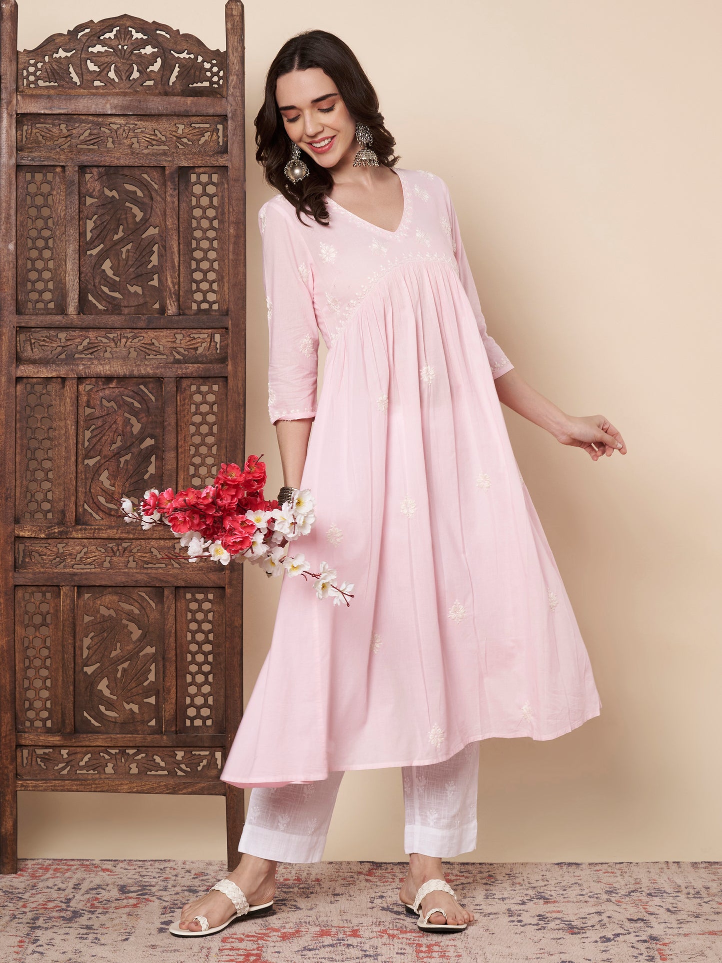 Baby Pink Chikankari Flared Kurta