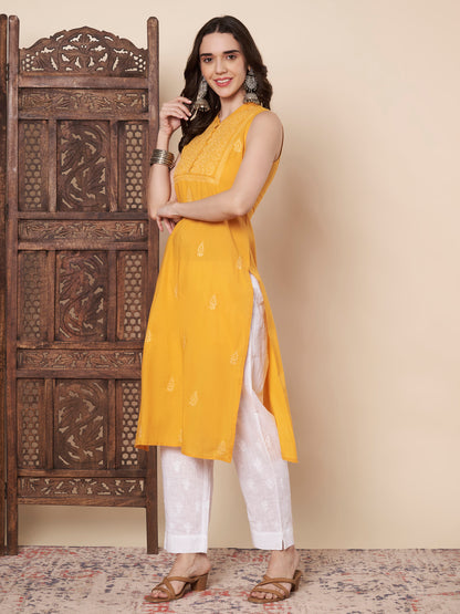 Yellow Sleeveless Chikankari Kurta
