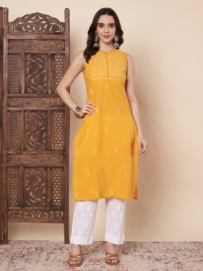 Yellow Sleeveless Chikankari Kurta
