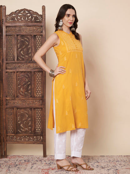 Yellow Sleeveless Chikankari Kurta