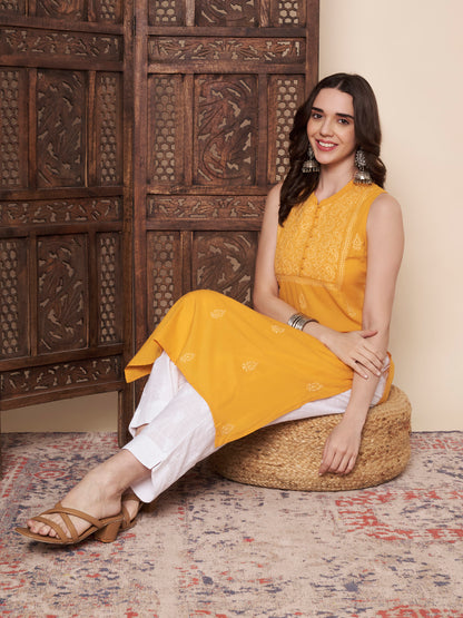 Yellow Sleeveless Chikankari Kurta