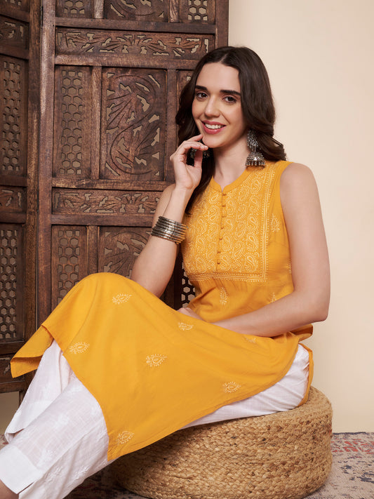 Yellow Sleeveless Chikankari Kurta