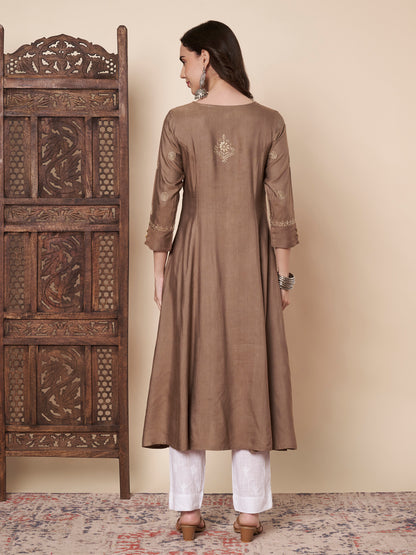 Pure Silk Chikankari Flared Kurta