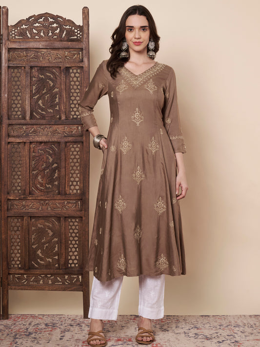 Pure Silk Chikankari Flared Kurta