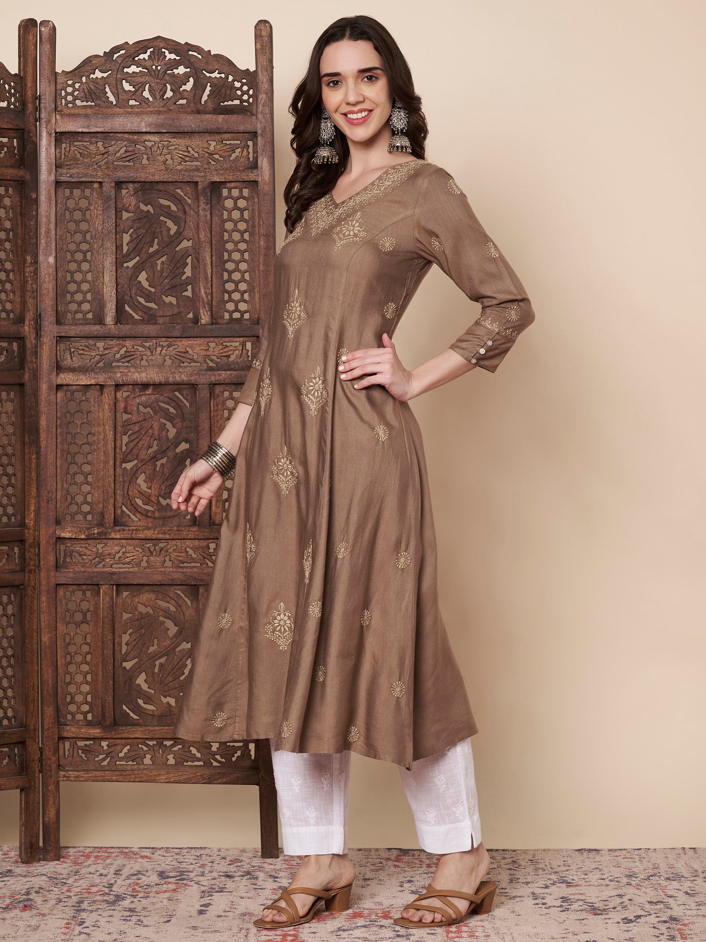 Pure Silk Chikankari Flared Kurta