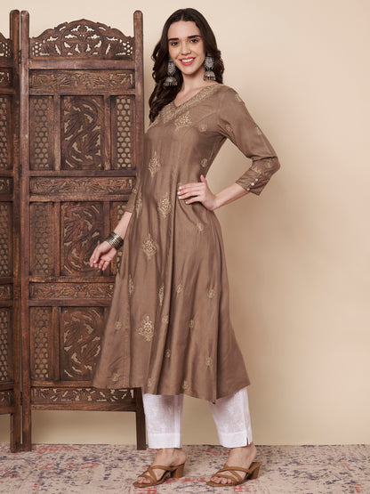 Pure Silk Chikankari Flared Kurta