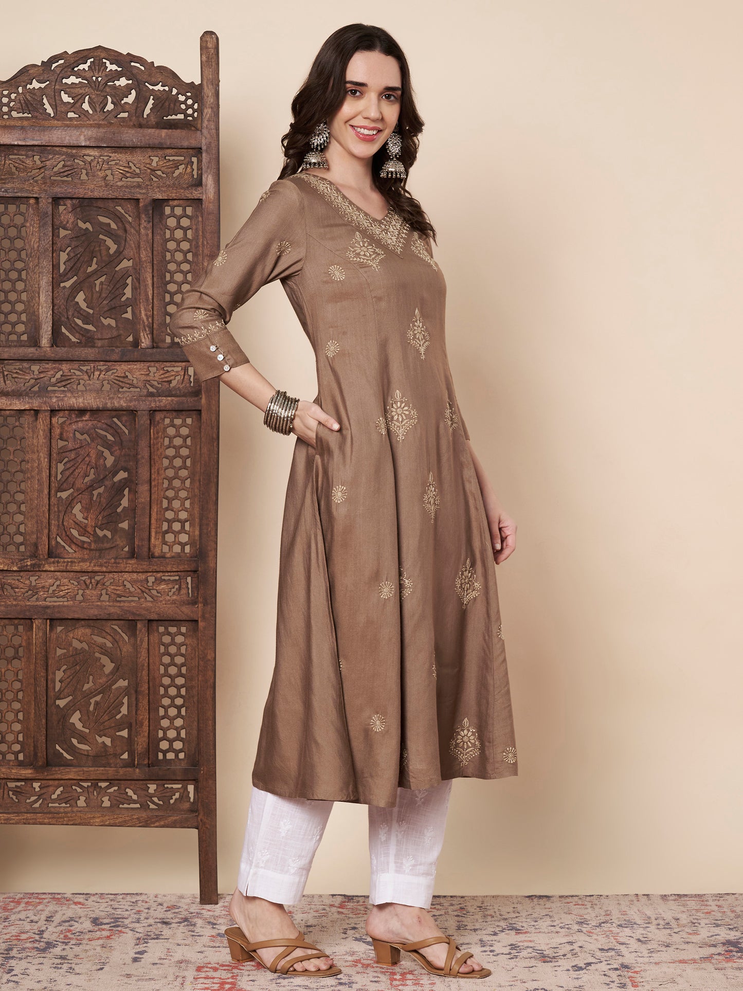 Pure Silk Chikankari Flared Kurta