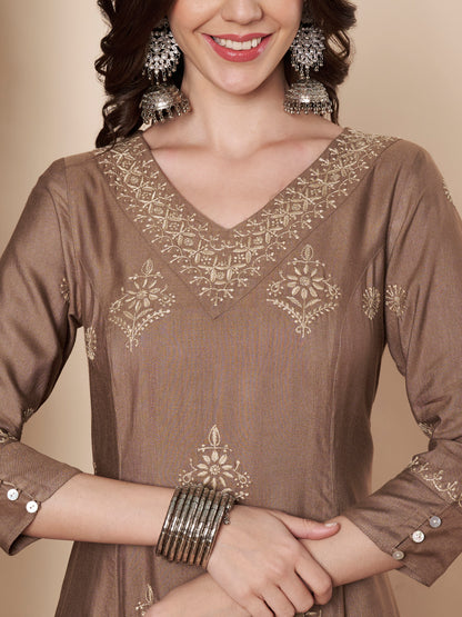 Pure Silk Chikankari Flared Kurta