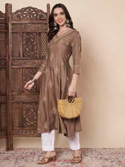Pure Silk Chikankari Flared Kurta