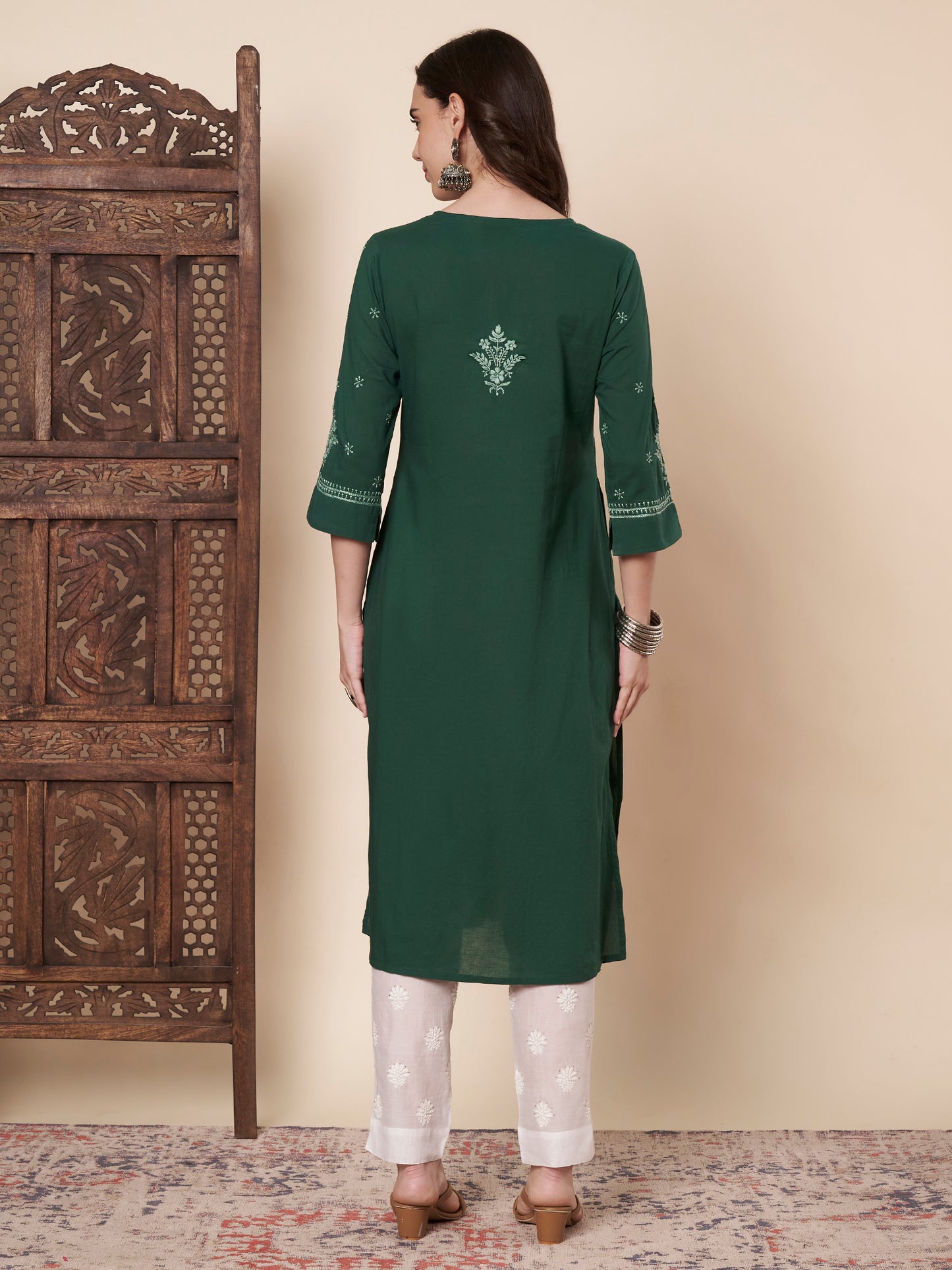 Bottle Green Cotton Chikankari Kurta