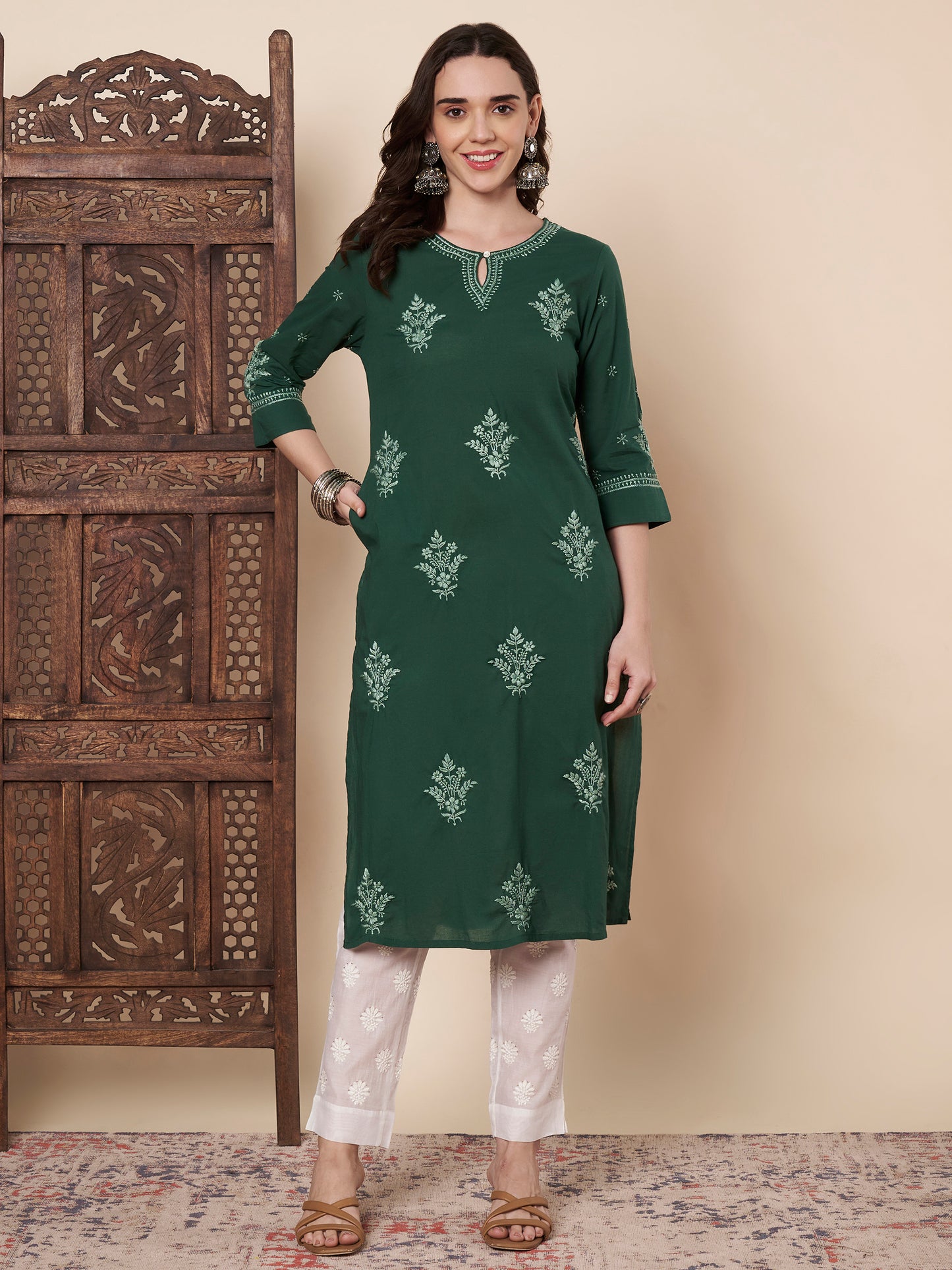 Bottle Green Cotton Chikankari Kurta