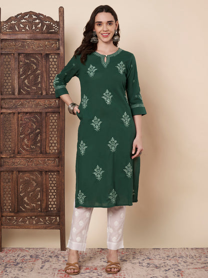 Bottle Green Cotton Chikankari Kurta