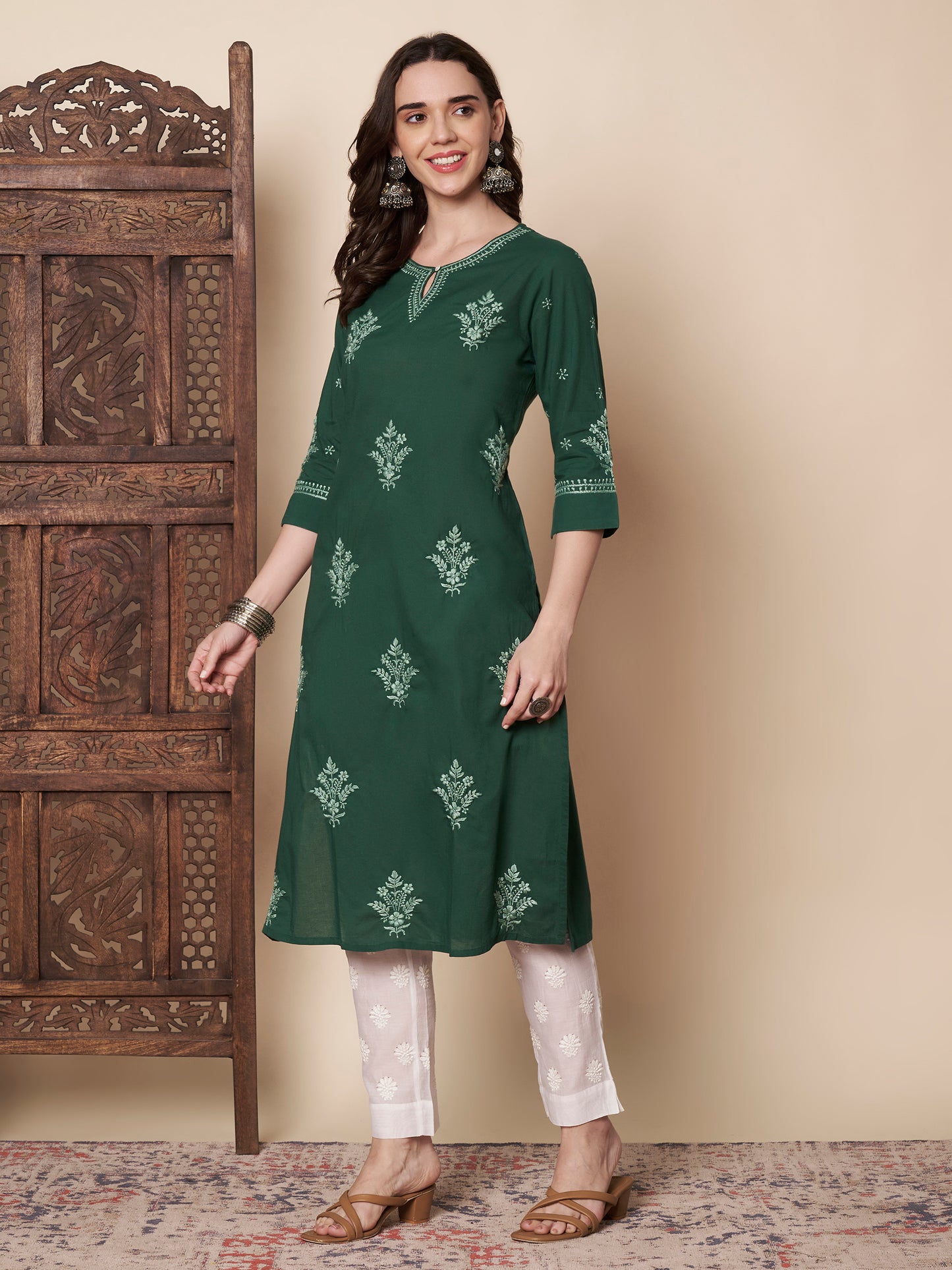 Bottle Green Cotton Chikankari Kurta