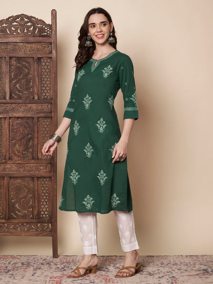 Bottle Green Cotton Chikankari Kurta