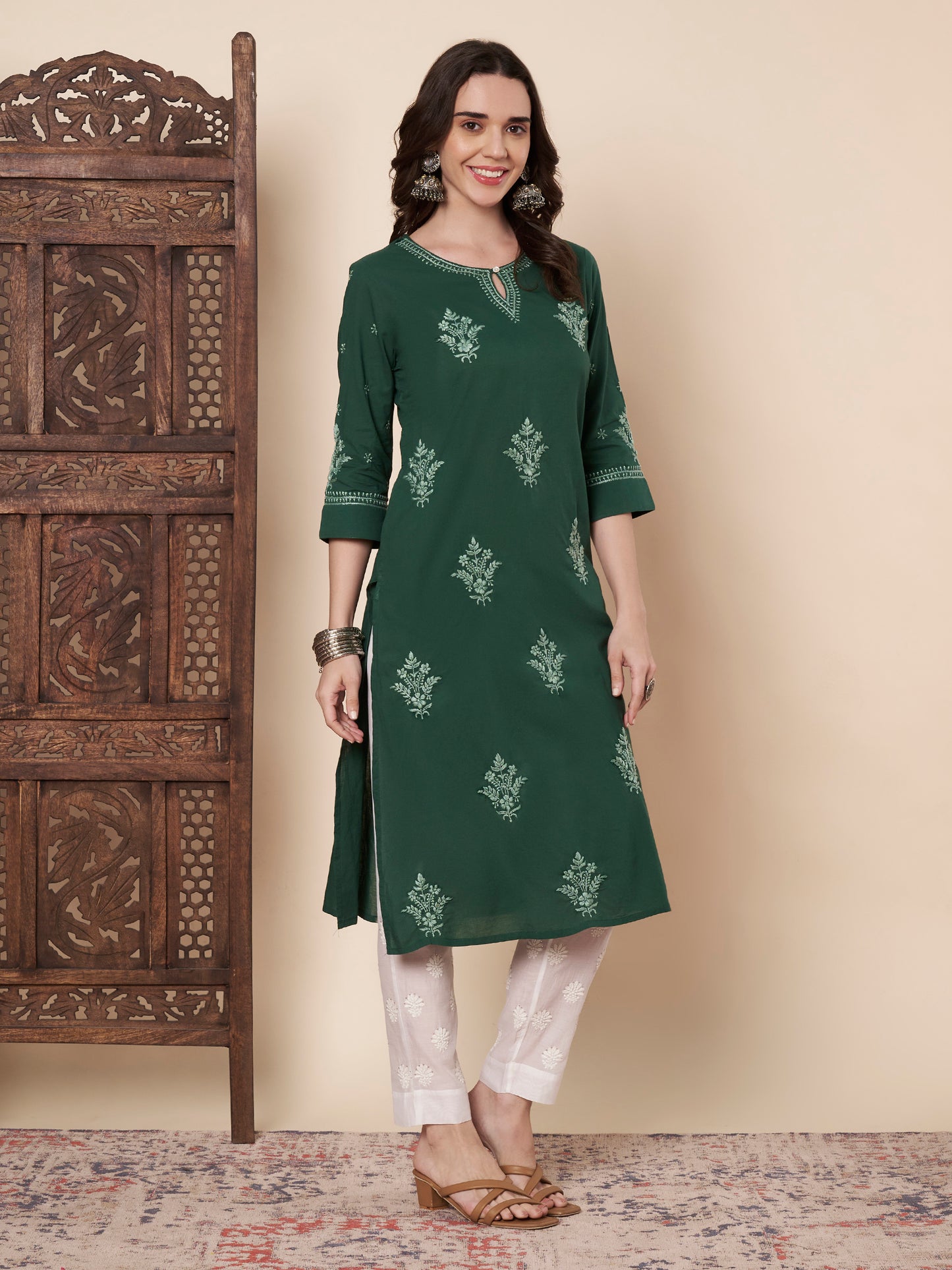 Bottle Green Cotton Chikankari Kurta