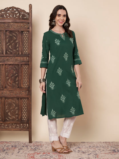 Bottle Green Cotton Chikankari Kurta