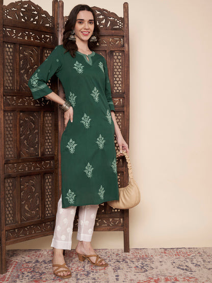 Bottle Green Cotton Chikankari Kurta