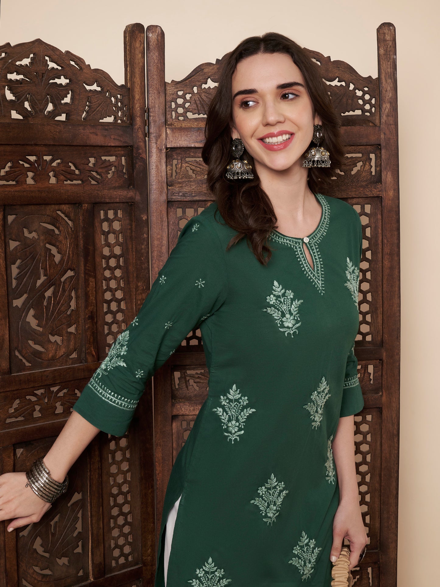 Bottle Green Cotton Chikankari Kurta