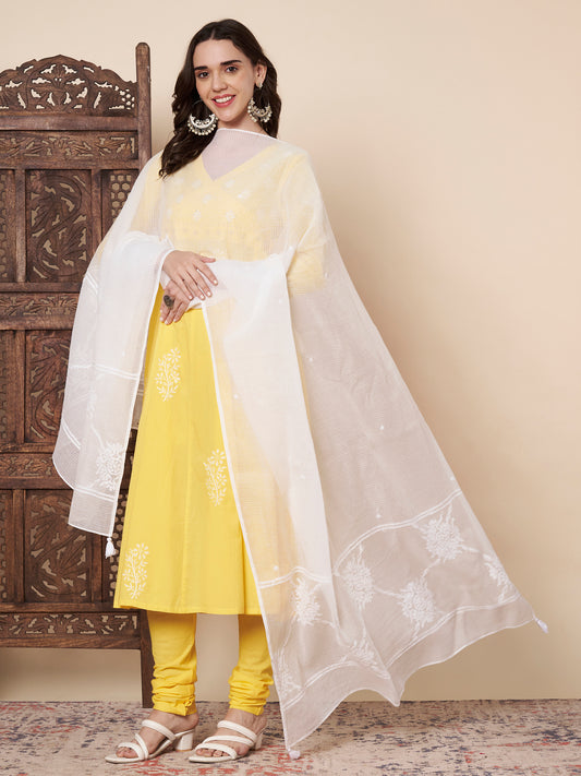 Chikankari White Kota Cotton Dupatta