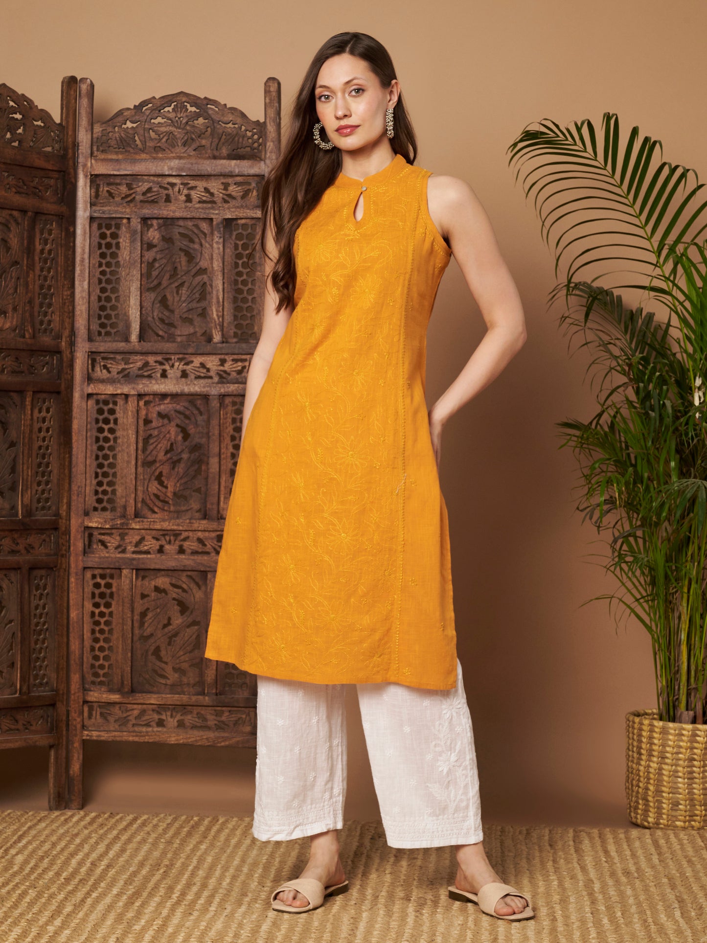 Mango Yellow Sleeveless Chikankari Kurta