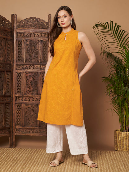 Mango Yellow Sleeveless Chikankari Kurta