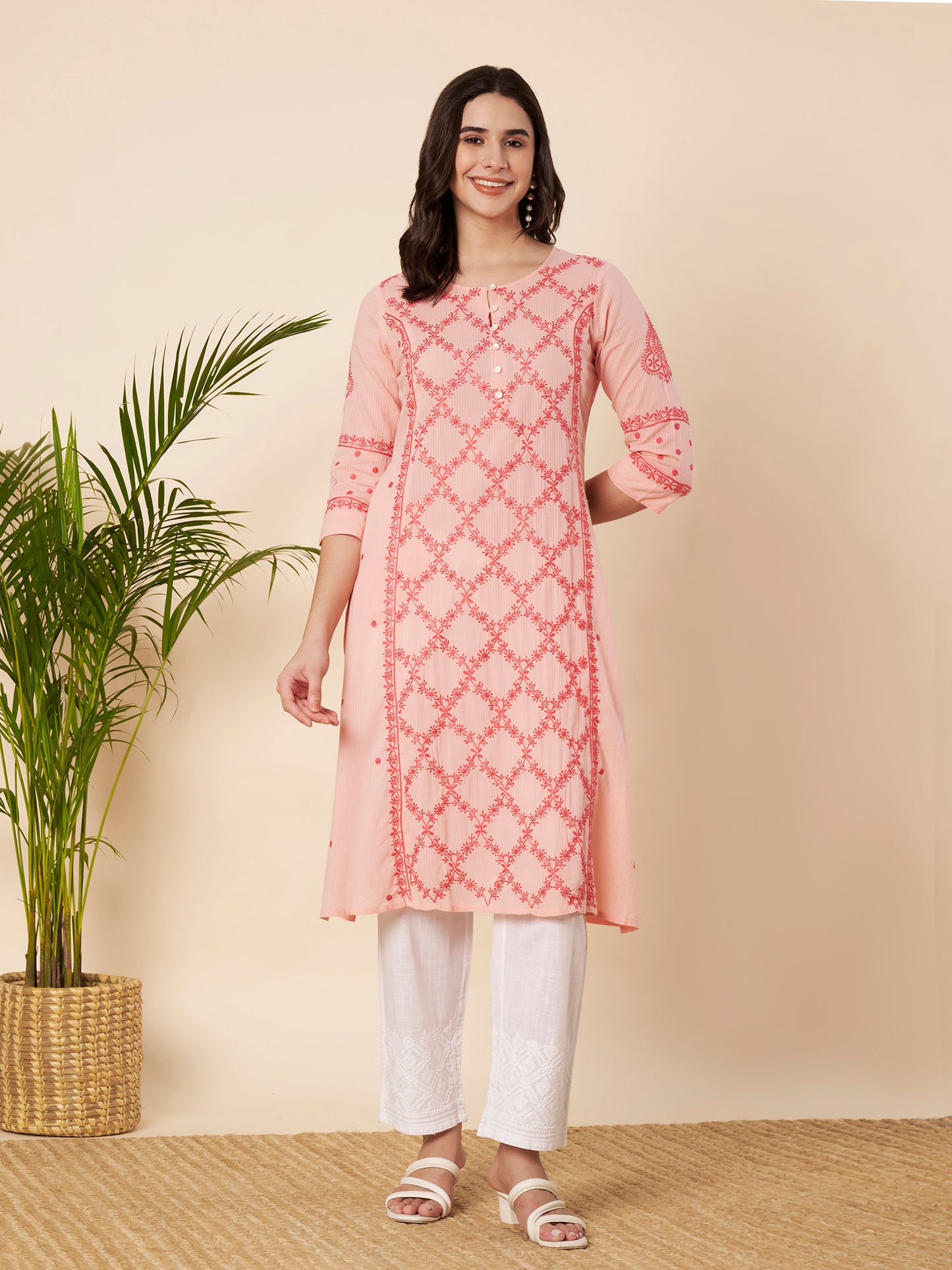 Peach Straight Fit Chikankari Kurta