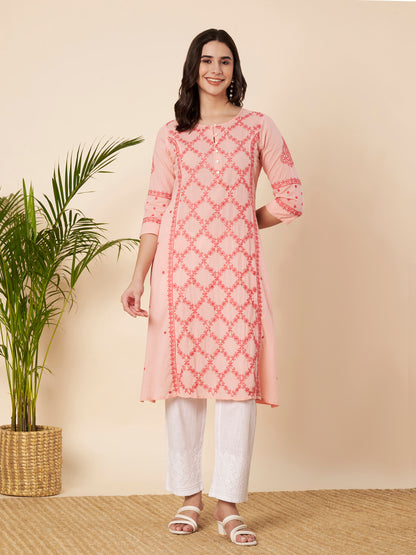 Peach Straight Fit Chikankari Kurta