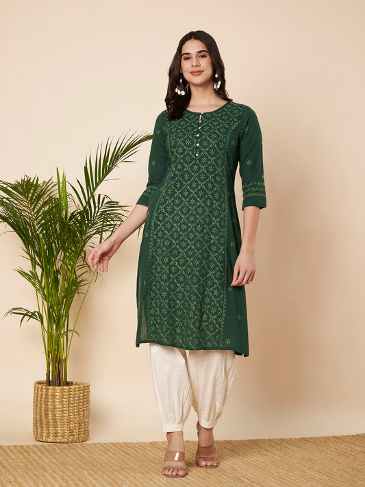Bottle Green Straight Fit Chikankari Kurta