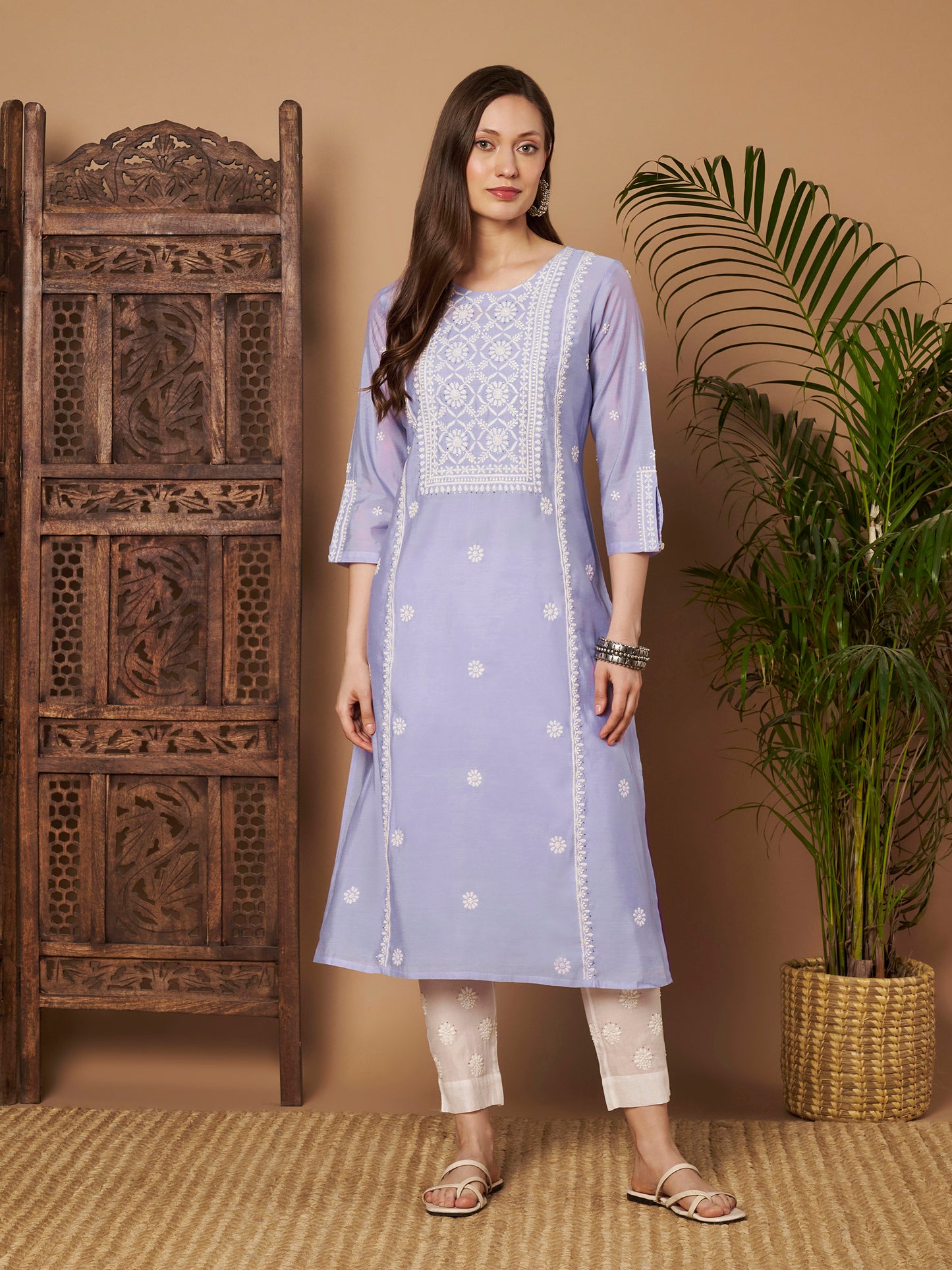 Lavender Chanderi Silk Embroidered Kurta