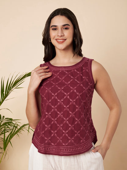 Maroon Hand-embroidered Chikankari Top