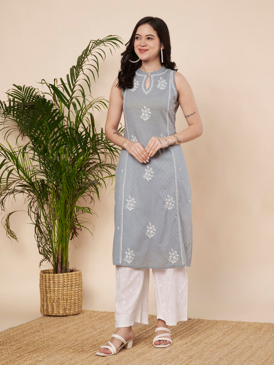Grey Sleeveless Chikankari Kurta