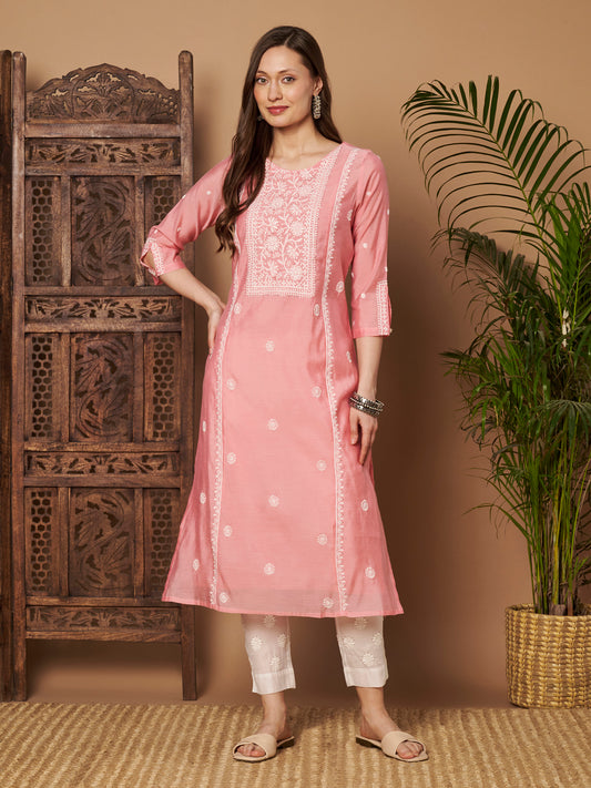Rose Pink Chanderi Silk Embroidered Kurta