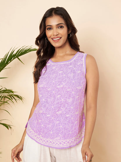 Lavender Hand-embroidered Chikankari Top