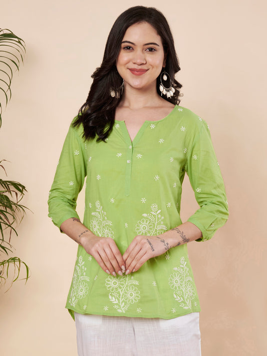Parrot Green Chikankari Cotton Top