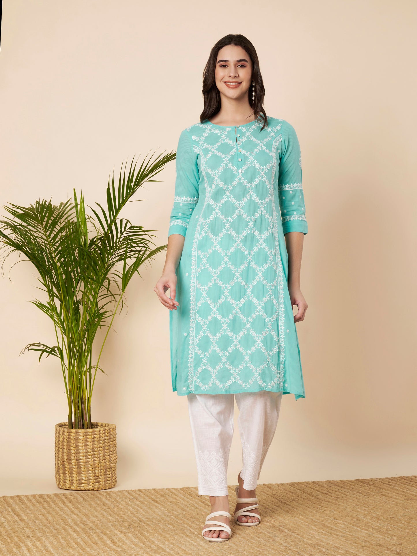Sky Blue Straight Fit Chikankari Kurta