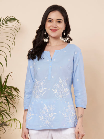 Ice Blue Chikankari Cotton Top