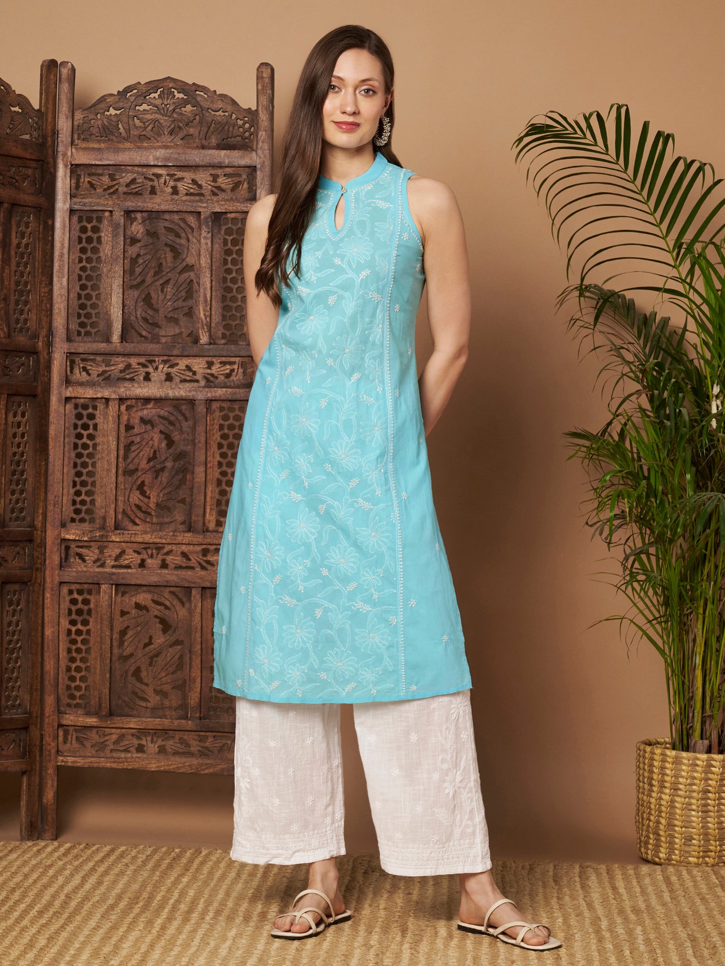 Ice Blue Sleeveless Chikankari Kurta