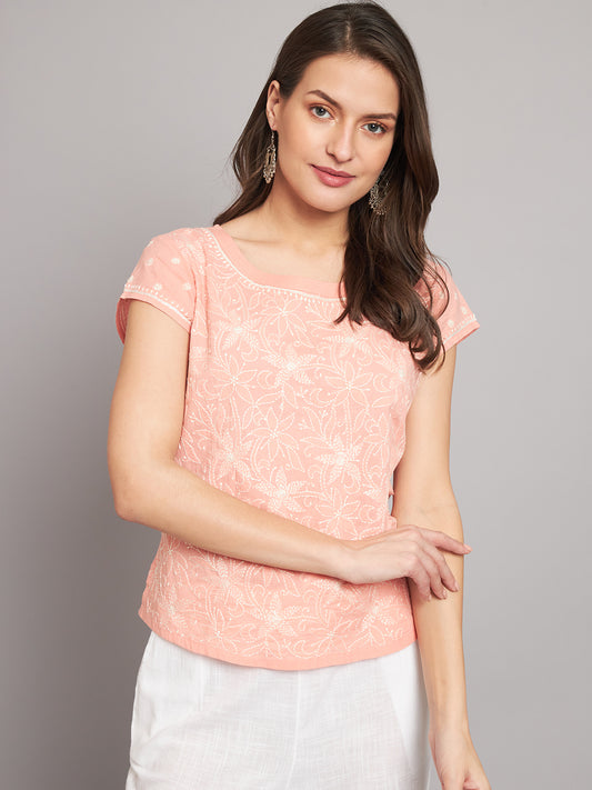 Peach Cotton Chikankari Short Top