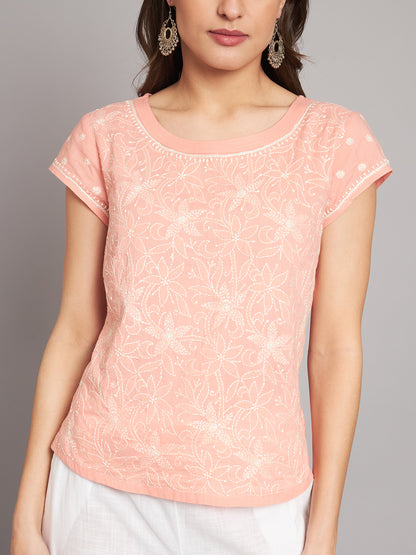 Peach Cotton Chikankari Short Top