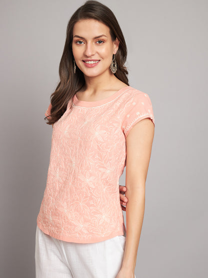 Peach Cotton Chikankari Short Top