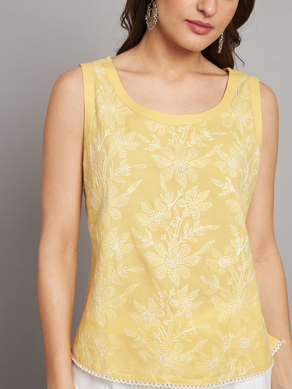Yellow Tepchi Hand-embroidered Sleeveless Top