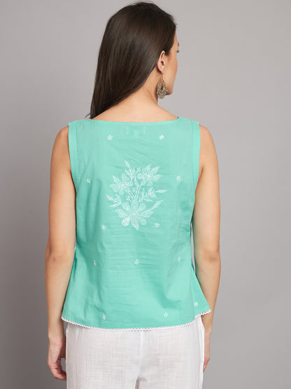 Blue Cotton Tepchi Embroidered Boat-Neck Top