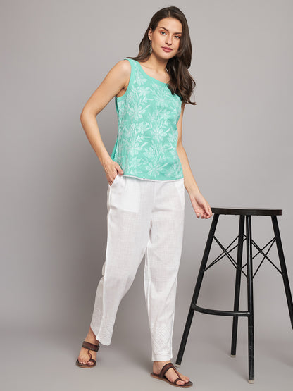 Blue Cotton Tepchi Embroidered Boat-Neck Top