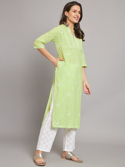 SLKA269GR Green Mangalgiri Chikankari Straight Kurta