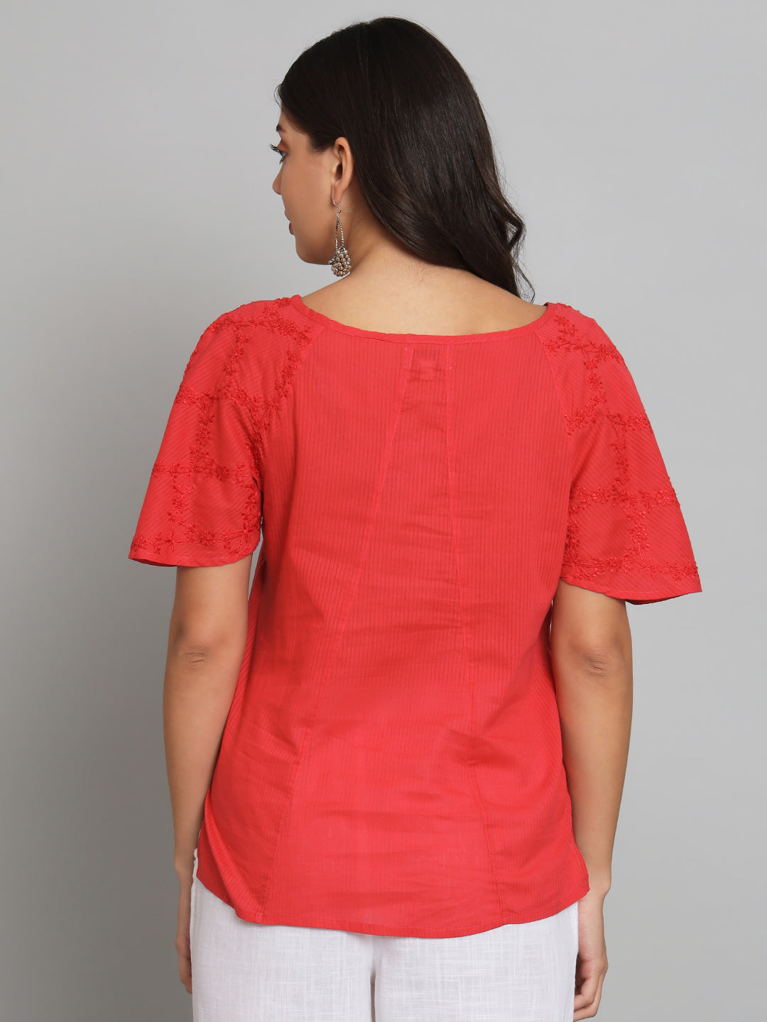Red Chikankari Top with Raglan Sleeves