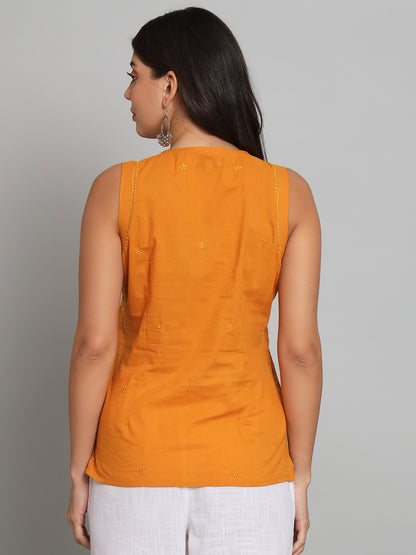 Orange Chikankari Sleeveless Top