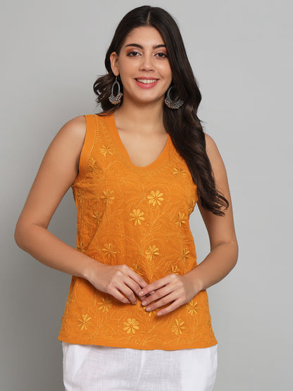 Orange Chikankari Sleeveless Top