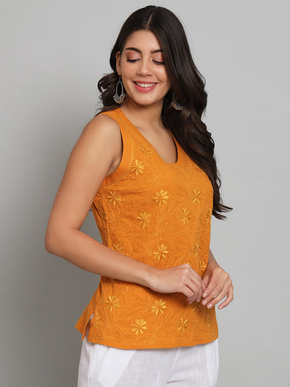 Orange Chikankari Sleeveless Top